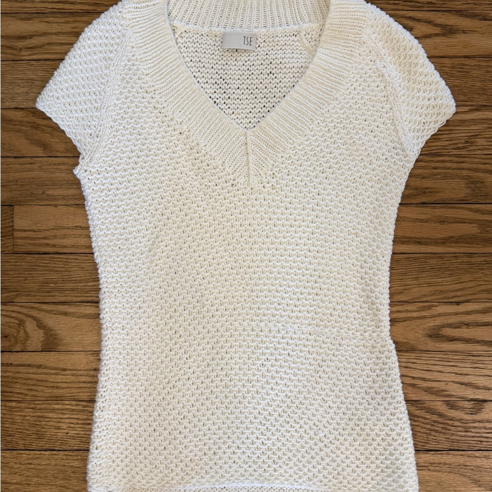 TSE White Knit V-Neck Short Sleeve Sweater Sz Sm